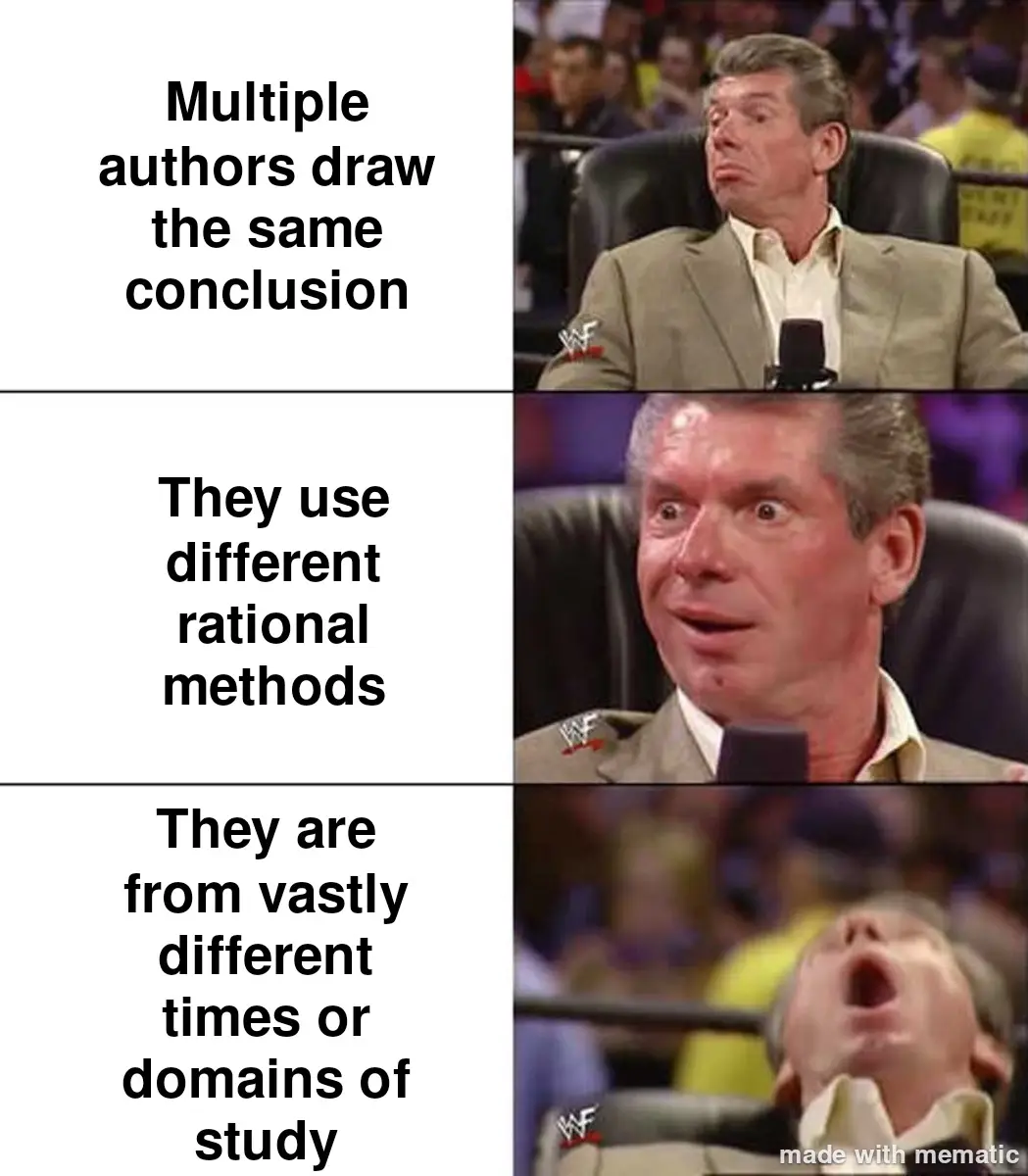 A three-panel meme featuring a man in a WWE commentator's chair. The top panel shows him with a skeptical expression, the…