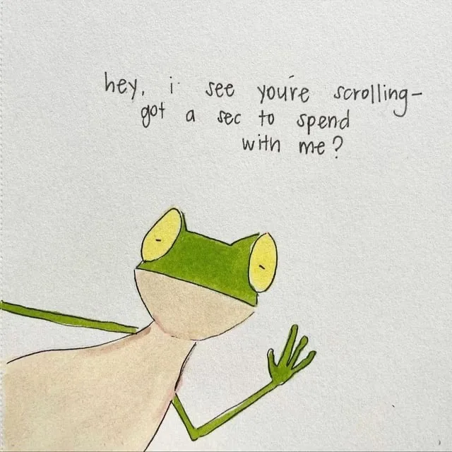 A hand-drawn illustration of a green frog with large yellow eyes and a beige body, waving one hand while looking up at the…