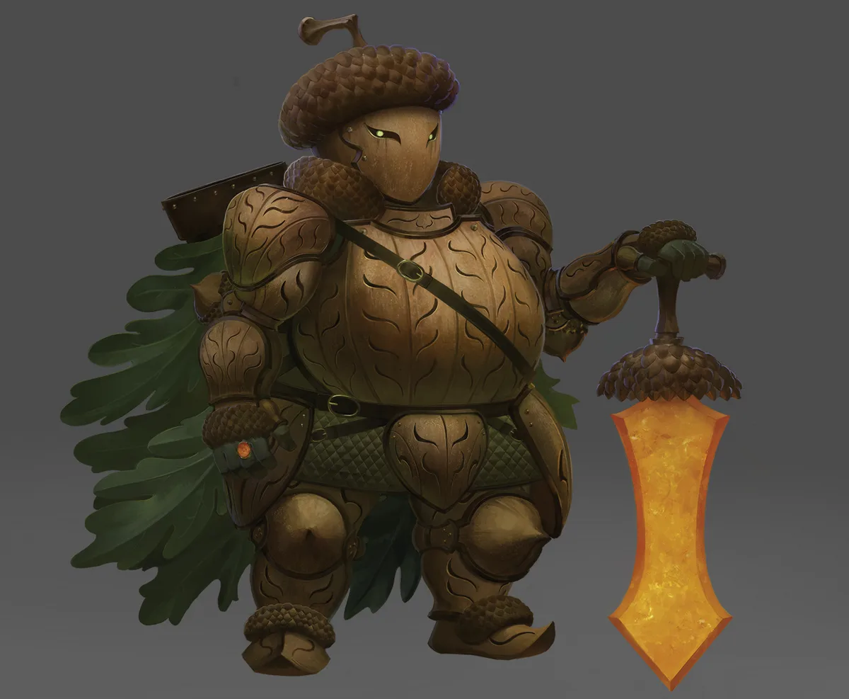 A cartoonish knight is depicted wearing full armor made entirely of acorns and oak leaves, including an acorn helmet with a…