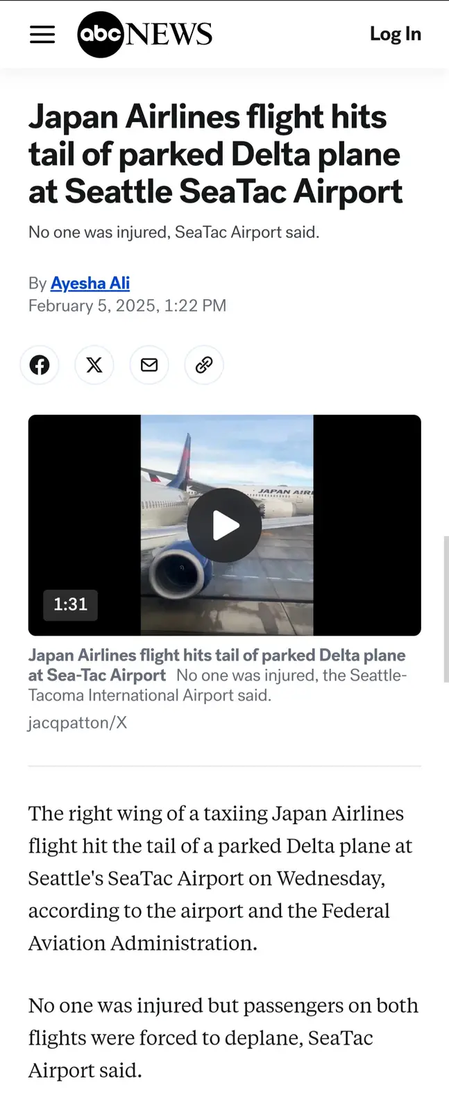 An abcnews.com article screenshot shows a video thumbnail of a Japan Airlines plane's wing touching the tail of a parked…