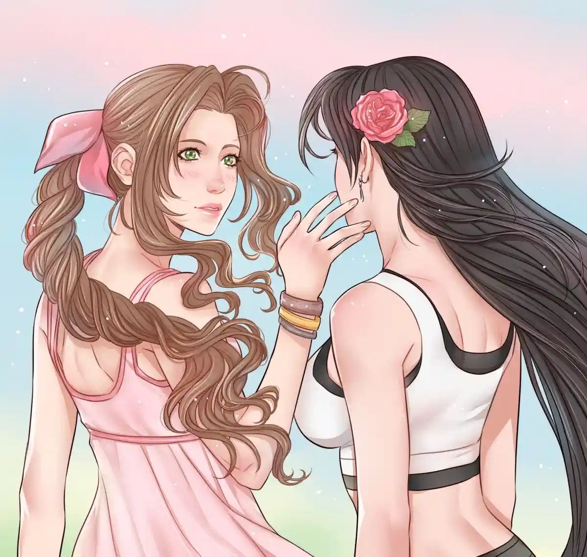 Two anime-style women are shown in a soft pastel background; one with brown hair in a pink bow and green eyes looks at the…