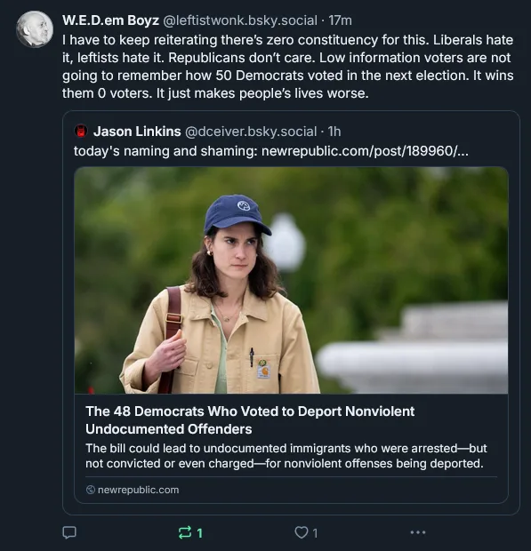 A screenshot of a social media post showing a tweet from Jason Linkins about 48 democrats voting to deport nonviolent…