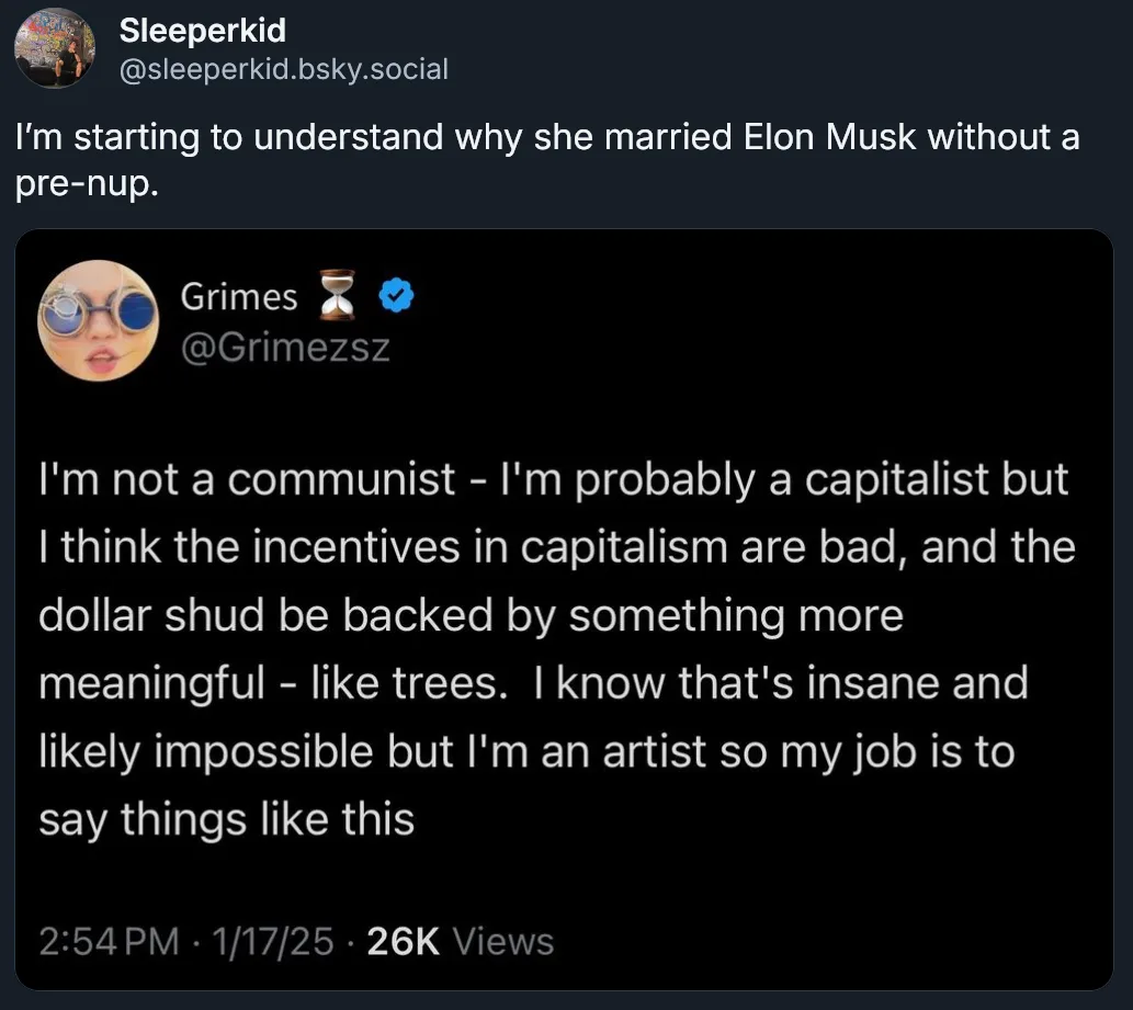 A screenshot of a social media post by Grimes, who says she's not a communist but thinks capitalism's incentives are bad and…