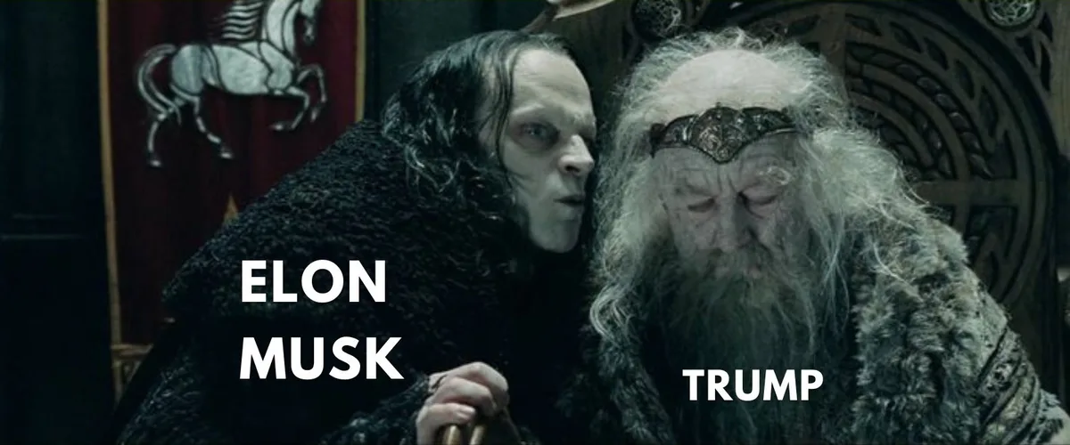 A still from the movie 'The Lord of the Rings' shows a pale, dark-haired man leaning in to whisper to an older, bearded man…