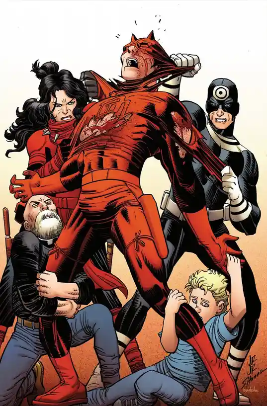 A comic book illustration shows a bloodied, red-suited superhero being physically restrained by four different people: a…