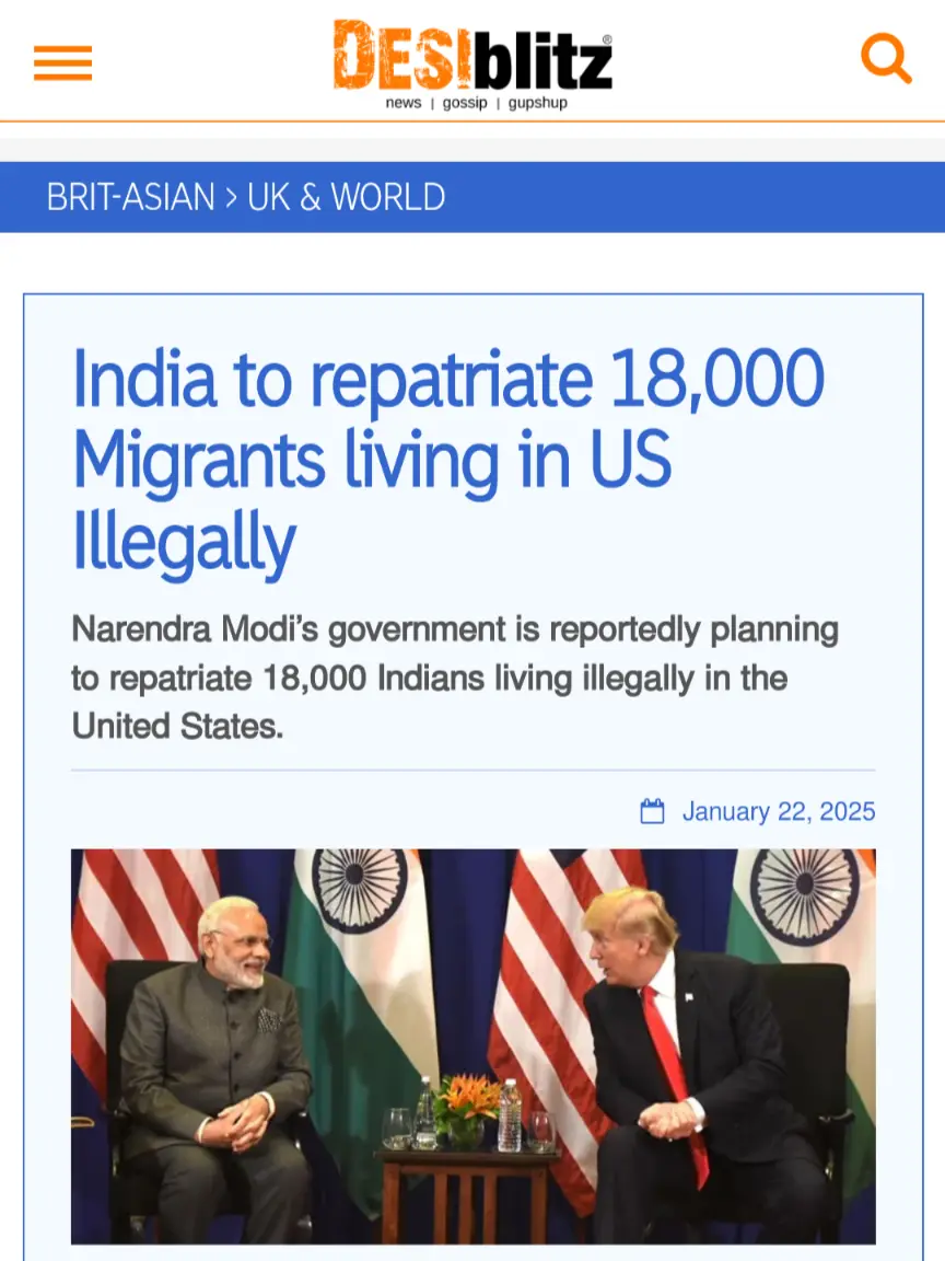 A screenshot of a DesiBlitz news article from January 22, 2025, with a headline stating India plans to repatriate 18,000…