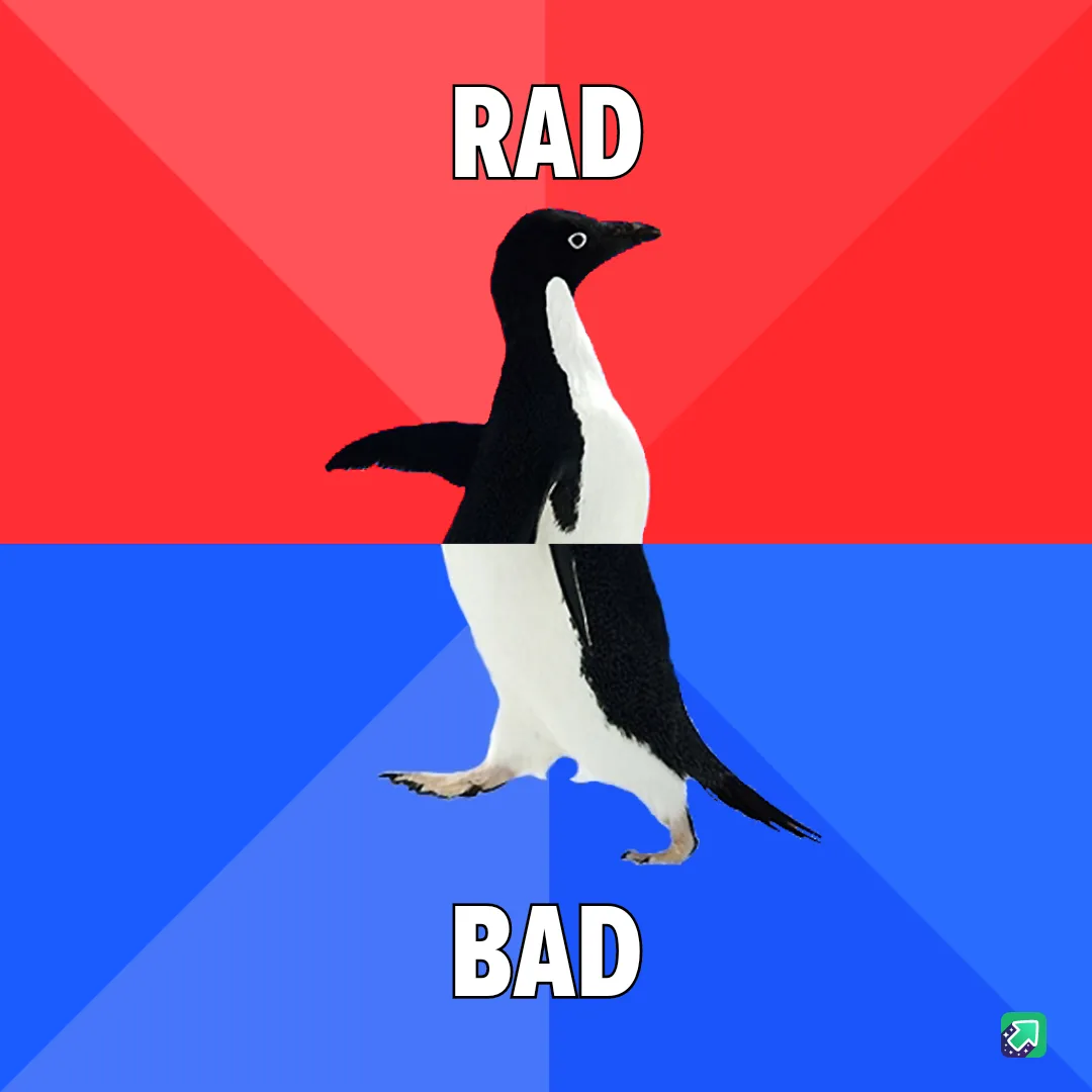 A penguin is split vertically down the middle, with the top half against a red background labeled 'RAD' and the bottom half…