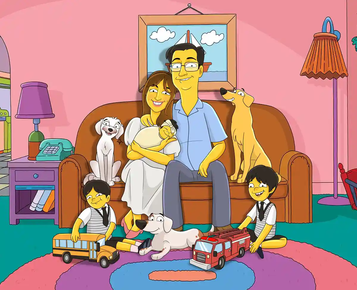 A cartoon family with two parents, a newborn baby, two young children, and three dogs are posed for a family portrait in a…