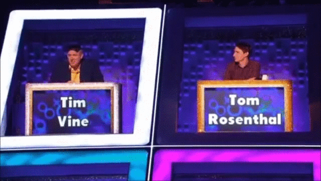 A split-screen image from a game show featuring contestant Tom Rosenthal, who is wearing a graduation cap. The top row shows…