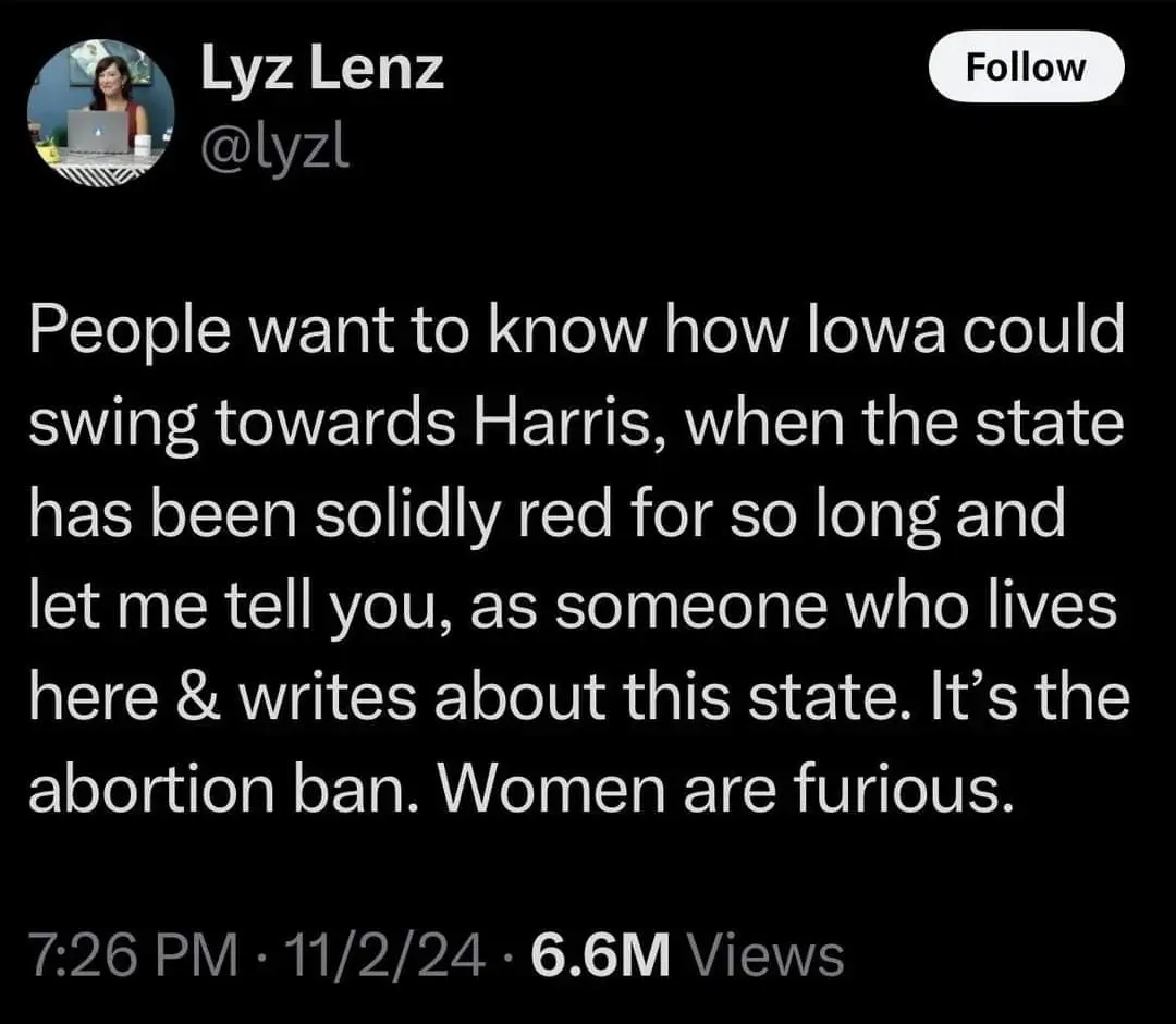 A screenshot of a tweet by Lyz Lenz (@lyzl) with a black background and white text. The tweet explains that Iowa's political…
