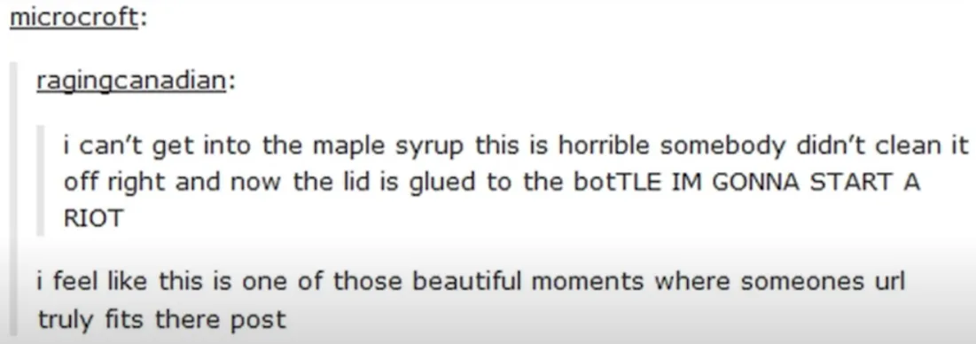 A screenshot of a Reddit comment thread where user 'ragingcanadian' dramatically complains about a maple syrup bottle lid…