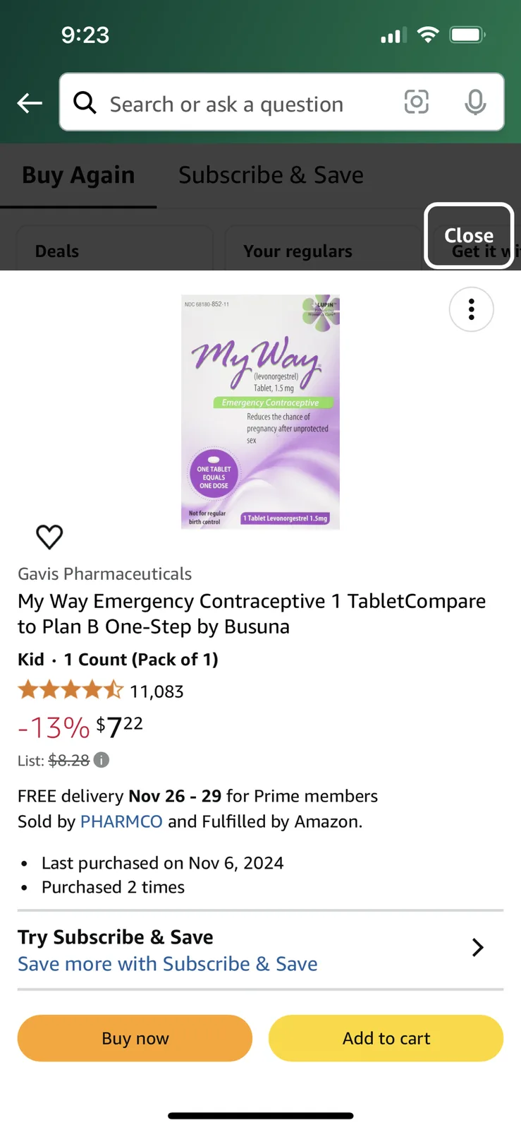 An Amazon product page for 'My Way Emergency Contraceptive 1 Tablet' by Gavis Pharmaceuticals, showing a price of $7.22 with…