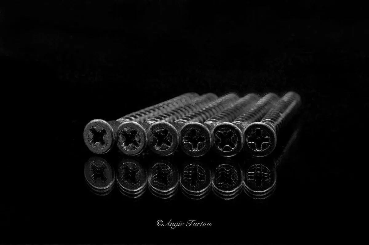 A black-and-white photograph shows a row of identical screws on a reflective black surface, with one screw in the middle…