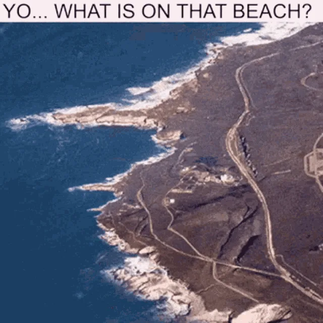 The image displays a six-panel grid of identical aerial photographs showing a rocky coastline with a small beach, roads, and…