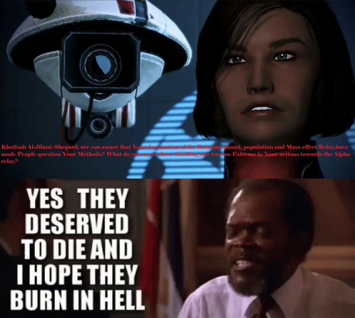 The image is a two-panel meme. The top panel shows a character from Mass Effect, Khalisah Al-Jilani, asking Commander…