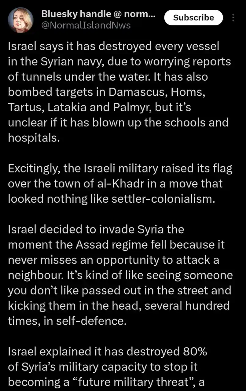 The image displays a screenshot of a Bluesky post with white text on a black background. The text is a satirical news report…