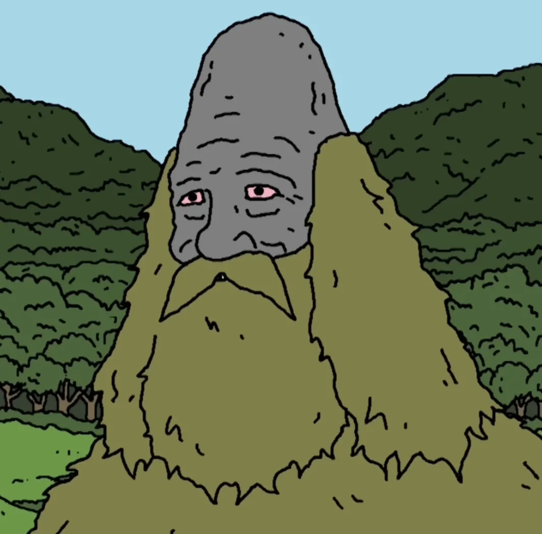 A cartoon illustration shows a large, gray-faced humanoid figure with pink eyes, covered in greenish-brown foliage…