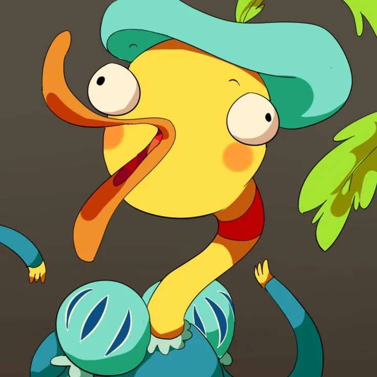 A yellow cartoon bird with a long orange beak, wearing a teal hat and red scarf, is shown with a shocked expression while…