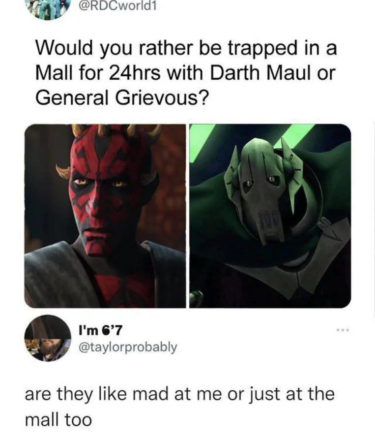 The image displays a two-panel meme format with Darth Maul on the left and General Grievous on the right, both from Star…