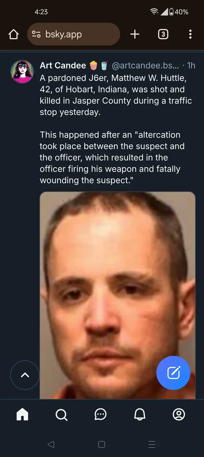 A screenshot of a social media post showing a mugshot of a man with short brown hair and a neutral expression. The post text…
