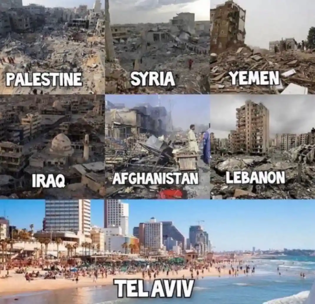 A collage of six images showing heavily damaged and rubble-strewn cities labeled Palestine, Syria, Yemen, Iraq, Afghanistan…