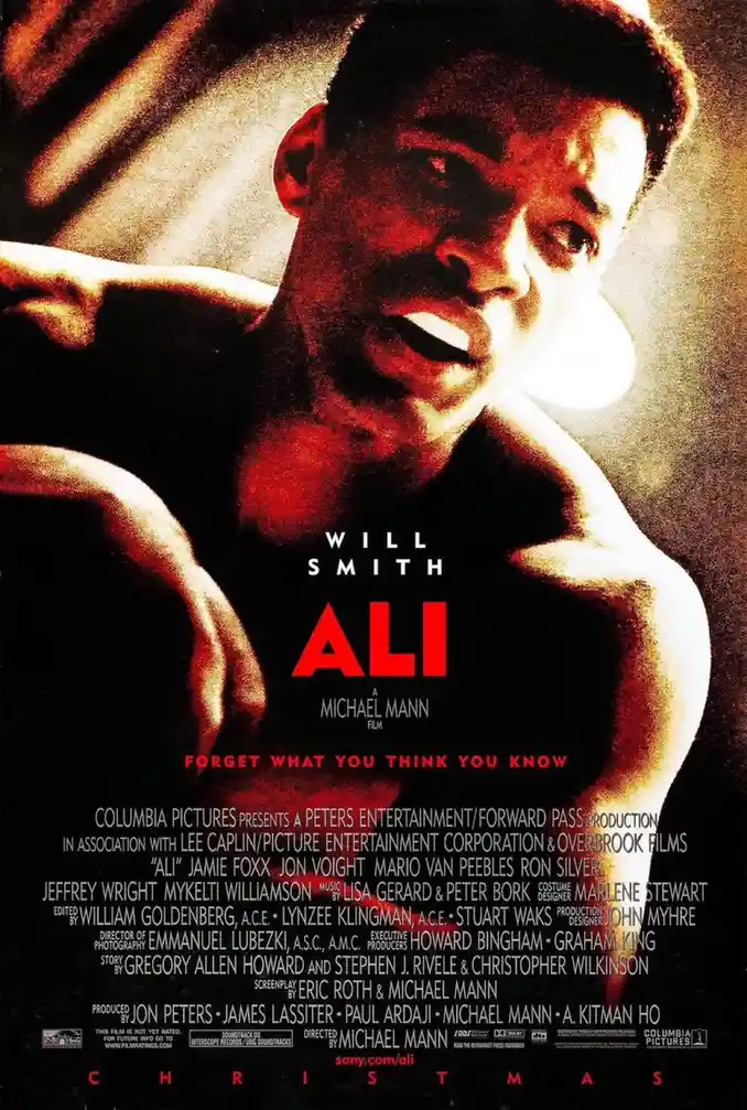 This is a movie poster for the 2001 film 'Ali,' starring Will Smith. The poster features a dramatic, close-up shot of Smith…