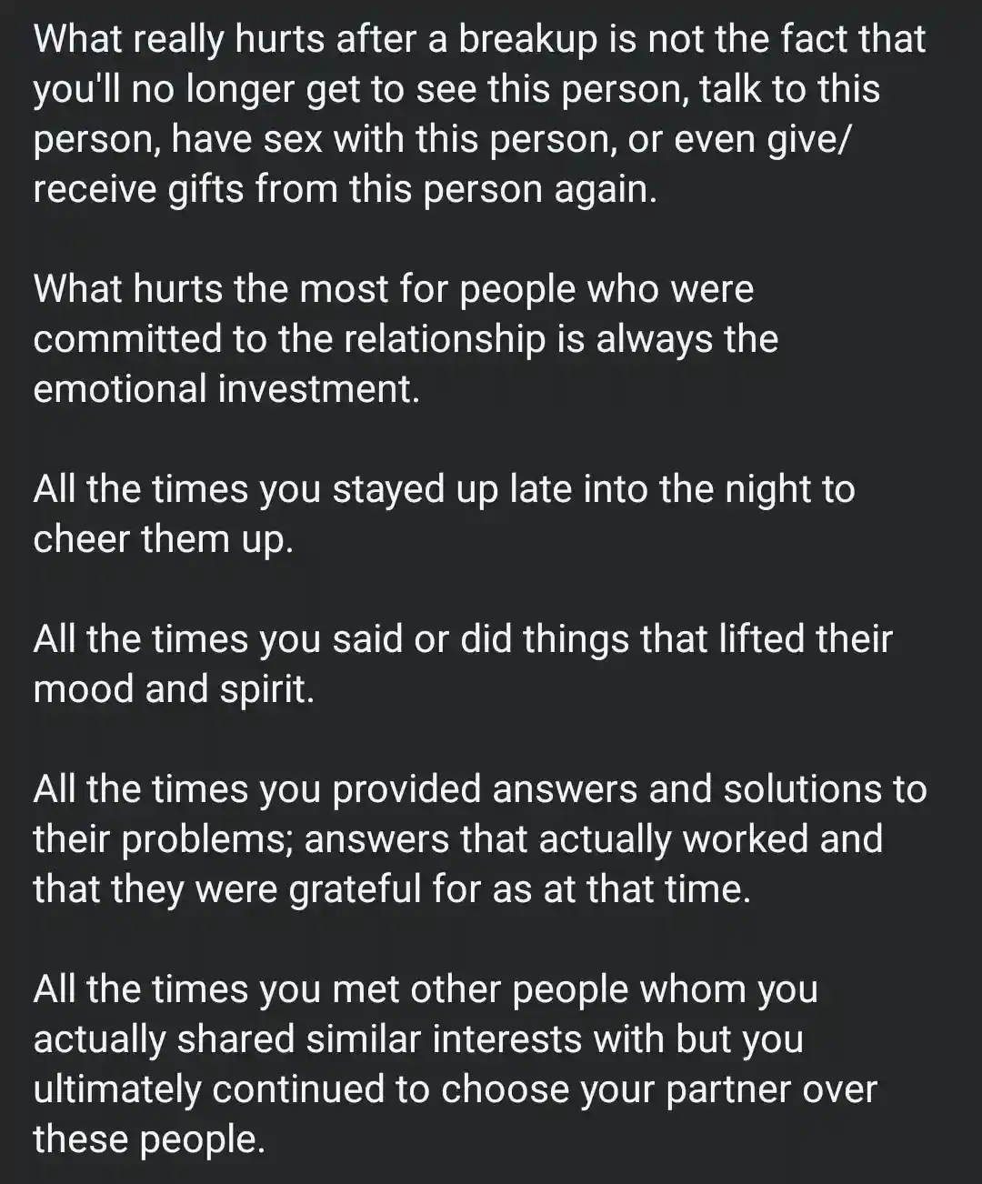 A dark gray background with white text listing the emotional pain points after a breakup, focusing on lost emotional…