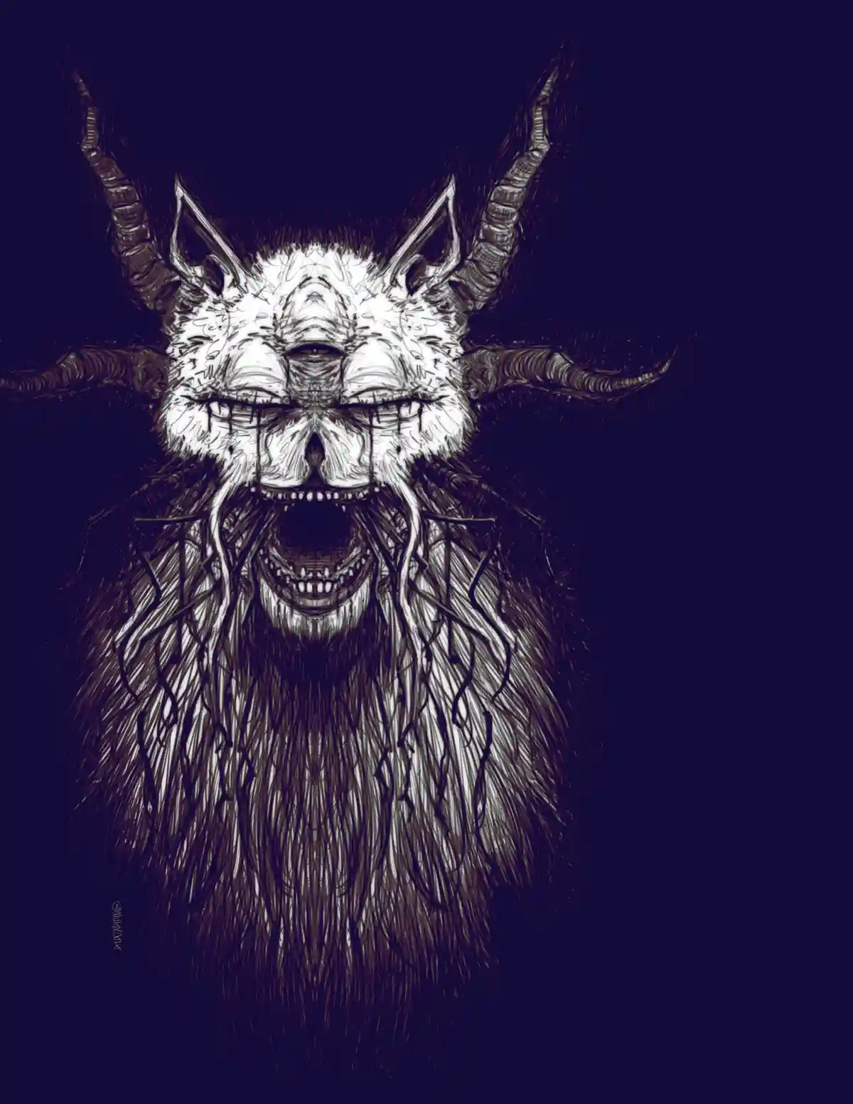 A dark, stylized illustration of a demonic goat-headed figure with multiple horns, a long beard, and a wide, toothy grin…