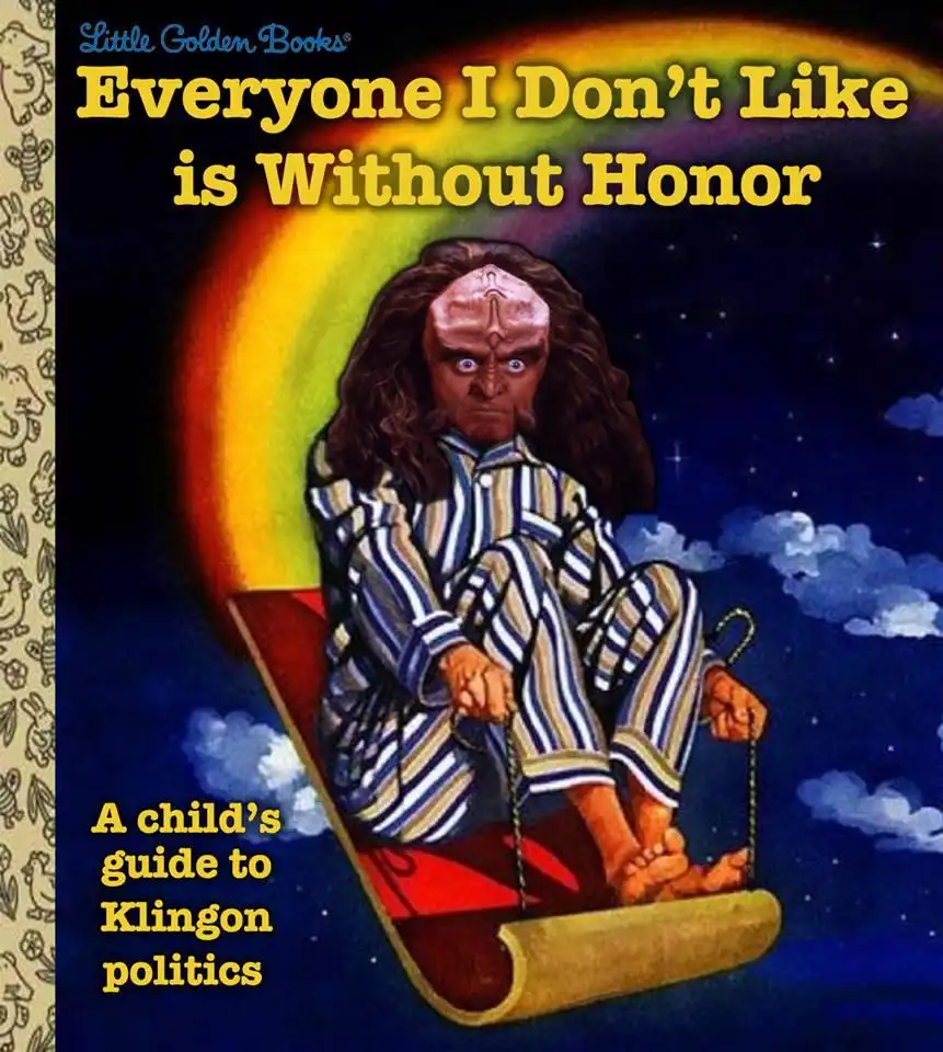 The image is a digitally altered book cover parody, featuring a Klingon character in striped pajamas sitting on a sleigh…