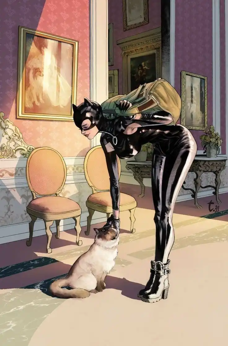 A comic book illustration shows Catwoman in her signature black catsuit and high-heeled boots, bending over to pet a seated…