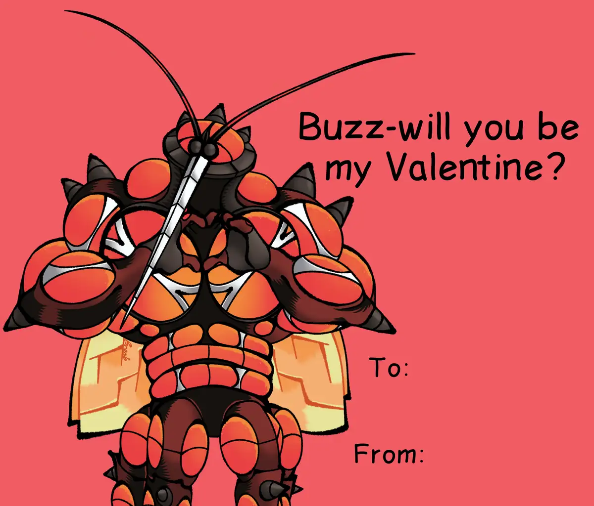 A cartoonish, orange and black insect-like creature with long antennae and spiky armor stands against a solid pink…