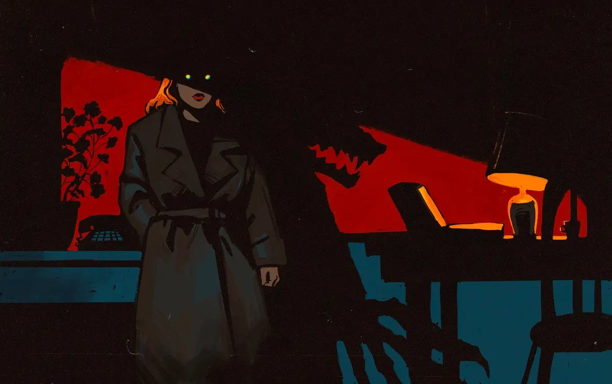A stylized illustration shows a woman in a trench coat with glowing green eyes standing in a dimly lit room with red and…