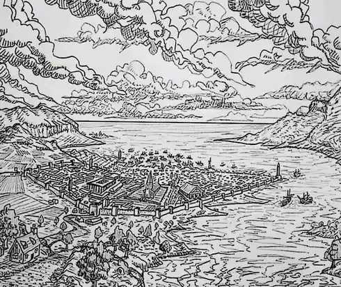 a black-and-white line drawing depicts a historical cityscape with a large fortified settlement on a riverbank, surrounded…