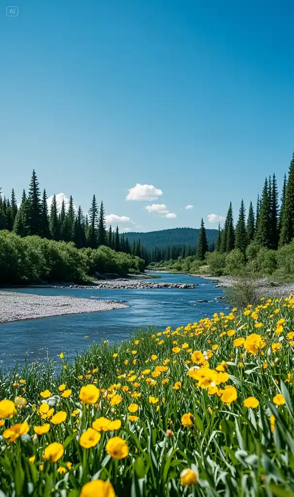 A serene landscape photo shows a winding river flowing through a forested valley under a clear blue sky with scattered…