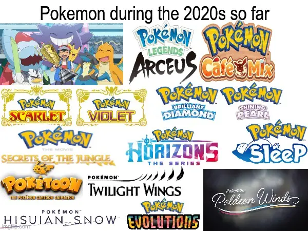 A collage of various Pokémon media logos from the 2020s, including games like Scarlet, Violet, Legends: Arceus, Café Mix…
