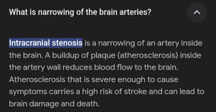 A screenshot of a dark-themed informational text defining 'Intracranial stenosis' as narrowing of brain arteries due to…