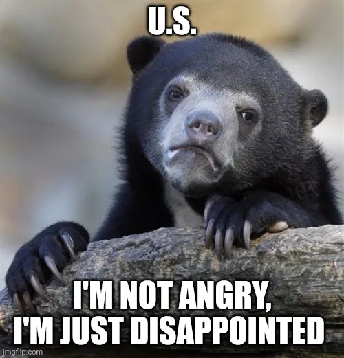 A close-up photo of a black bear with a sad, disappointed facial expression, resting its paws on a log. The bear has dark…