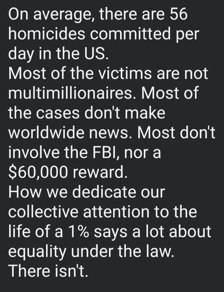 A black background with white text presents a statistical argument about U.S. homicide rates, contrasting everyday violence…