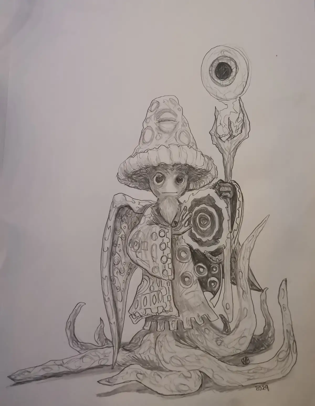A pencil drawing of a whimsical, octopus-like wizard with multiple tentacles, wearing a large, textured hat shaped like a…