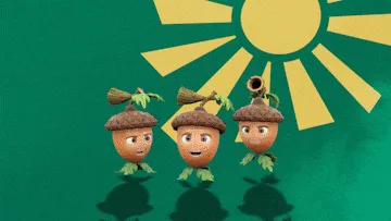 Six frames show three acorn characters walking toward a large tree that grows and then explodes, with the text 'BOO YEAH!'…
