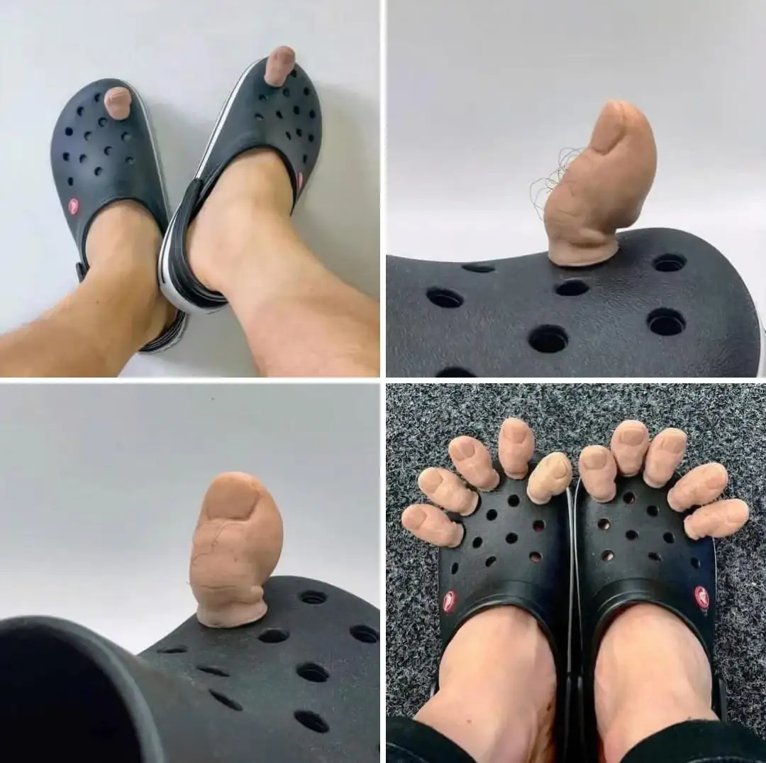 A four-panel image shows a person's feet in black Crocs. The first panel shows both feet with the big toes sticking up. The…