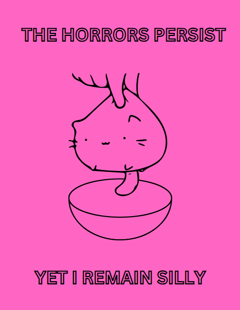 A simple black line drawing on a solid pink background shows a cartoon cat with a calm, slightly smug expression, its head…