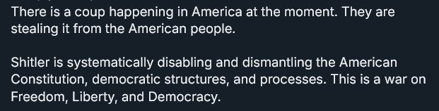 A black background image displays two blocks of white text. The first block reads: 'There is a coup happening in America at…