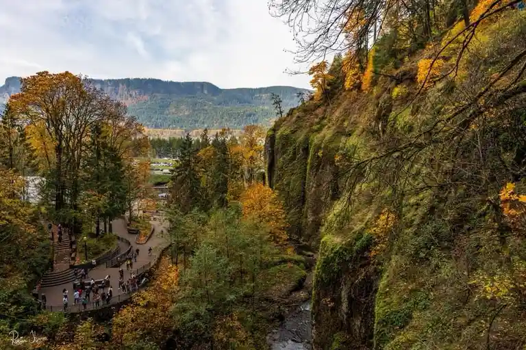 A scenic autumn photo of a canyon with a river, mossy cliffs, and trees with yellow and green leaves. People are walking…