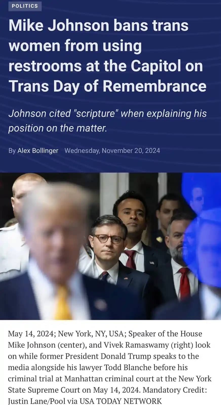 The image displays a news article headline claiming Mike Johnson banned trans women from Capitol restrooms on Trans Day of…