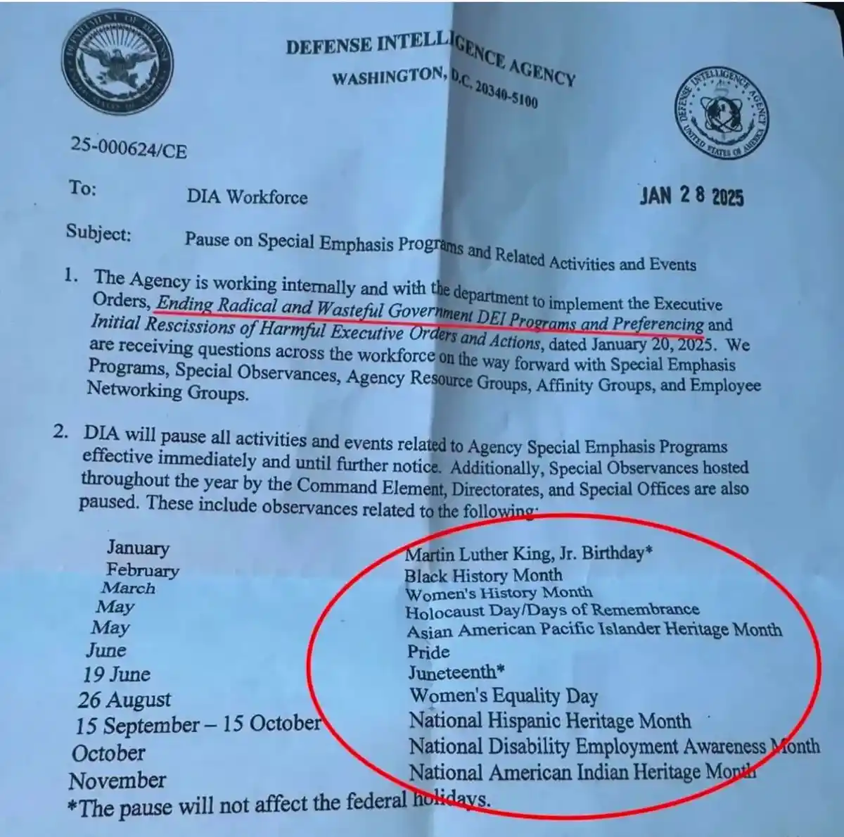 A Defense Intelligence Agency memo dated January 28, 2025, announces a pause on Special Emphasis Programs and related…