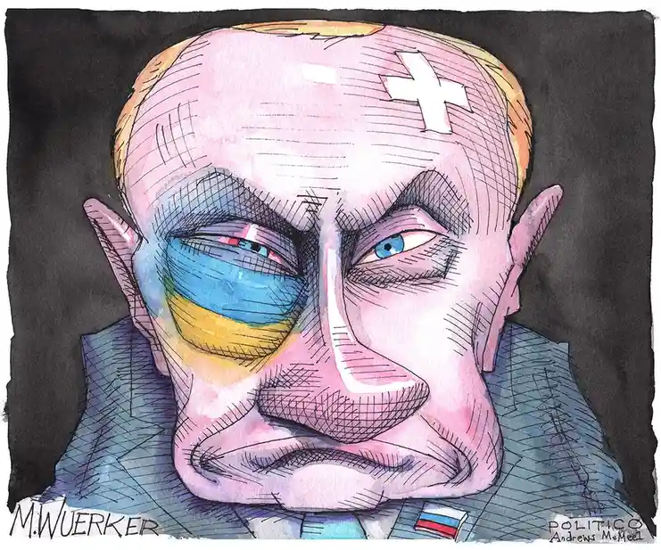 a cartoon caricature of Vladimir Putin with a white cross on his forehead, one eye covered by a blue and yellow bandage…
