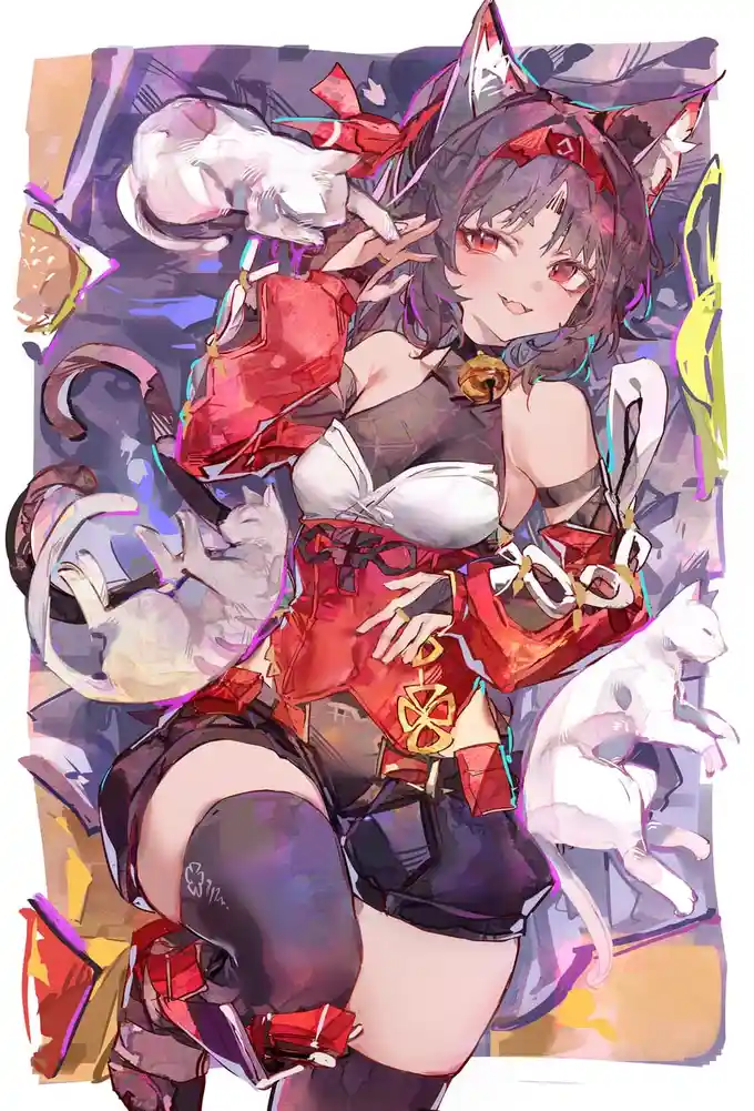 An anime-style illustration of a young woman with cat ears and a tail, wearing a red and black outfit with white cat-like…