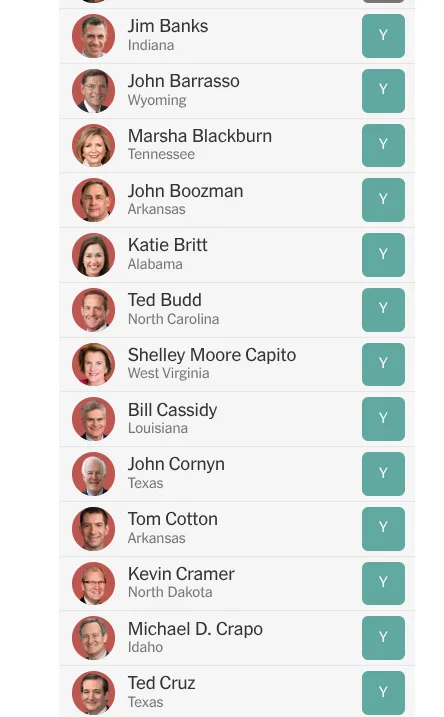 A screenshot of a list of U.S. senators with their names, states, and circular profile photos. Each row has a teal checkbox…