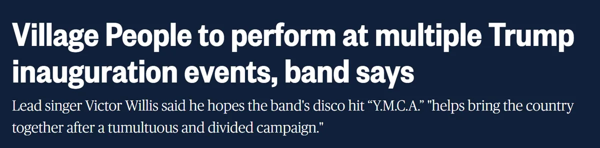 The image displays a dark blue background with white text mimicking a news article headline. The headline reads 'Village…